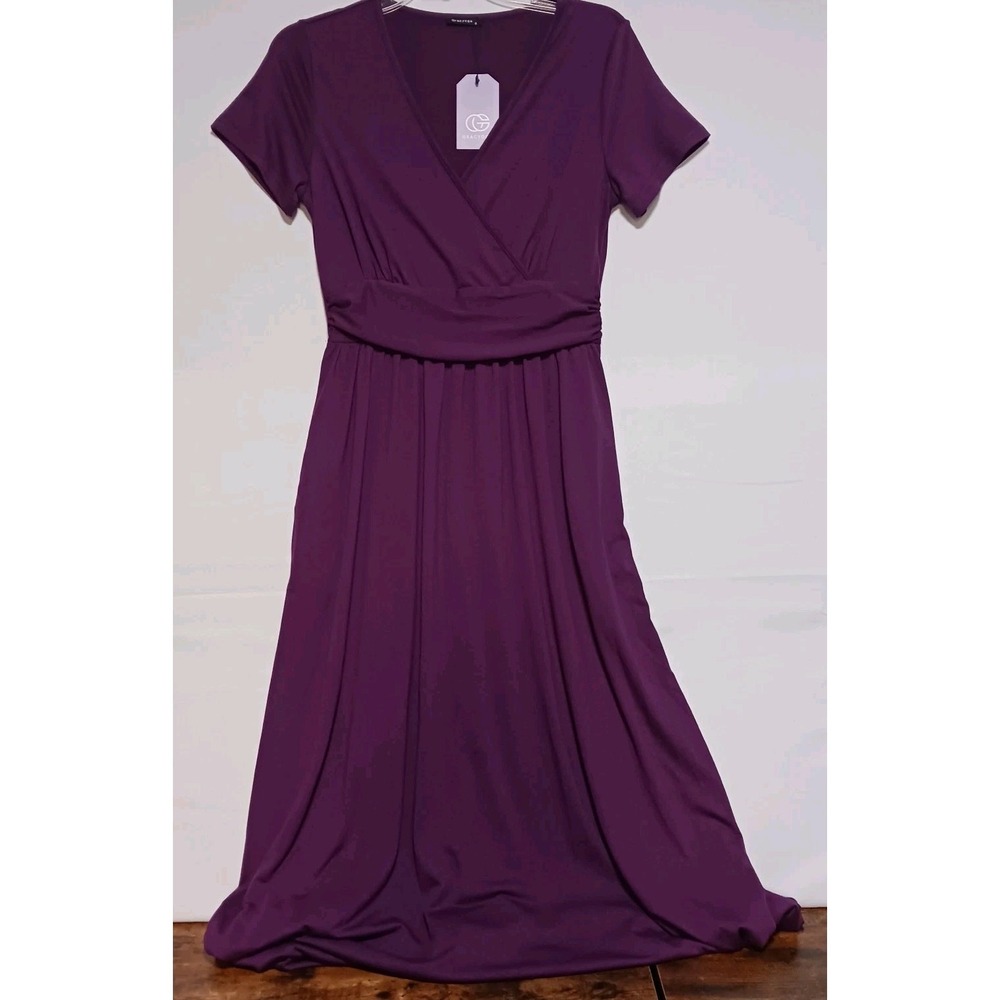 Gracyoga Women Purple Knit Maxi Dress Sz S Short Sleeve  V neck side pockets NWT